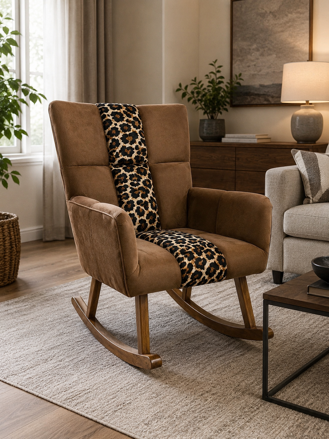 A brown velvet rocking chair with wooden rockers in a styled living room, featuring a leopard-print throw blanket draped over the back and seat.