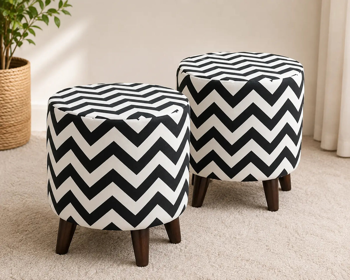Modern black and white chevron upholstered round ottoman stool set with solid wooden legs by Abdul Hameed Furniture Pakistan