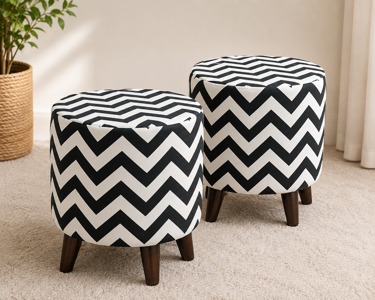 Modern black and white chevron upholstered round ottoman stool set with solid wooden legs by Abdul Hameed Furniture Pakistan