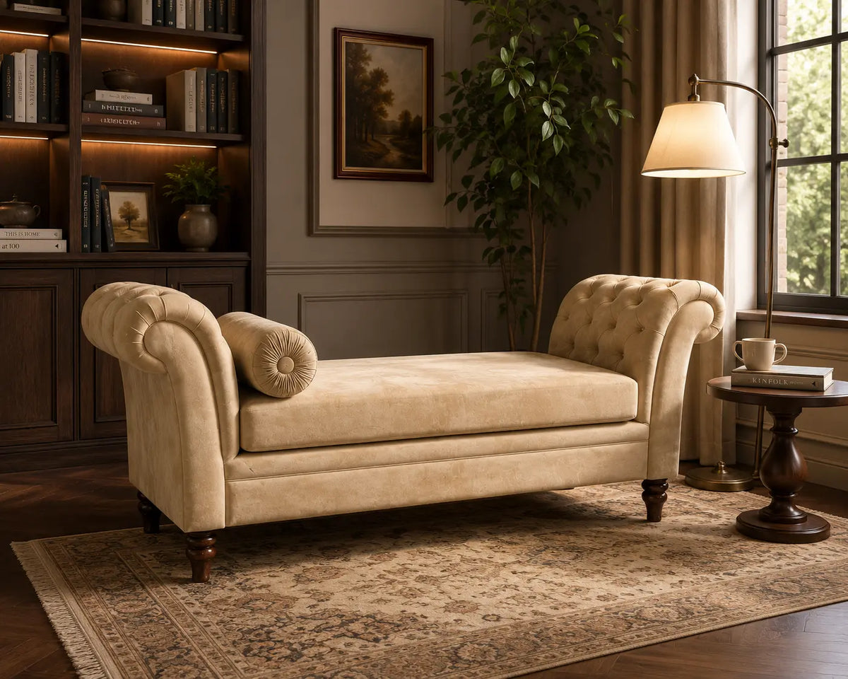 A classic tufted chaise lounge chaise lounge chaise lounge chaise lounge in a warm beige velvet fabric, styled in a cozy, traditional living room setting with a patterned rug, bookshelves, and a floor lamp.