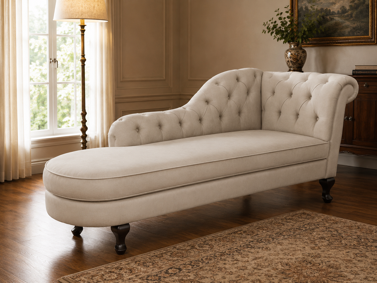 An upholstered chaise lounge in a warm off-white fabric, featuring tufted button detailing on the backrest and seat, supported by dark turned wooden legs, set in a classic room with hardwood floors and a patterned rug.