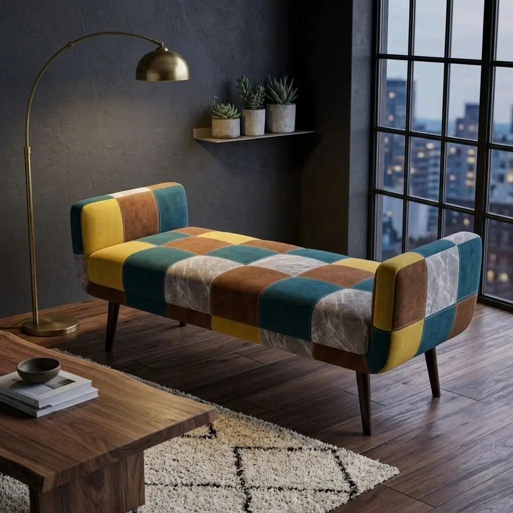 Modern Patchwork Upholstered Bench with Solid Kikar Wood & Molty Foam
