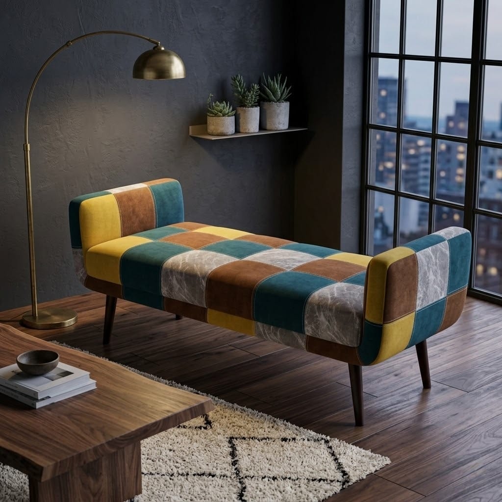 Modern Patchwork Upholstered Bench with Solid Kikar Wood & Molty Foam