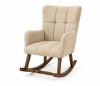 A high-back upholstered rocking chair with a tufted backrest and padded arms, shown on a plain white background. The chair is upholstered in a warm beige textured fabric and has a dark brown wooden rocking base.