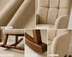 A 4-panel close-up collage showcasing the features of a beige upholstered rocking chair. The panels highlight the premium textured upholstery, comfortable padded backrest, a solid hardwood frame, and elegant curved armrests.