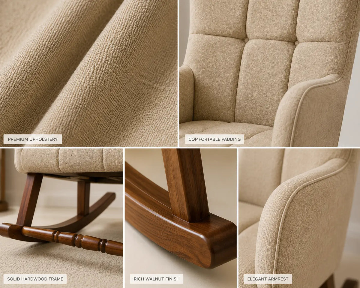 A 4-panel close-up collage showcasing the features of a beige upholstered rocking chair. The panels highlight the premium textured upholstery, comfortable padded backrest, a solid hardwood frame, and elegant curved armrests.