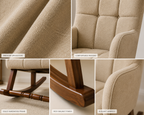 A 4-panel close-up collage showcasing the features of a beige upholstered rocking chair. The panels highlight the premium textured upholstery, comfortable padded backrest, a solid hardwood frame, and elegant curved armrests.