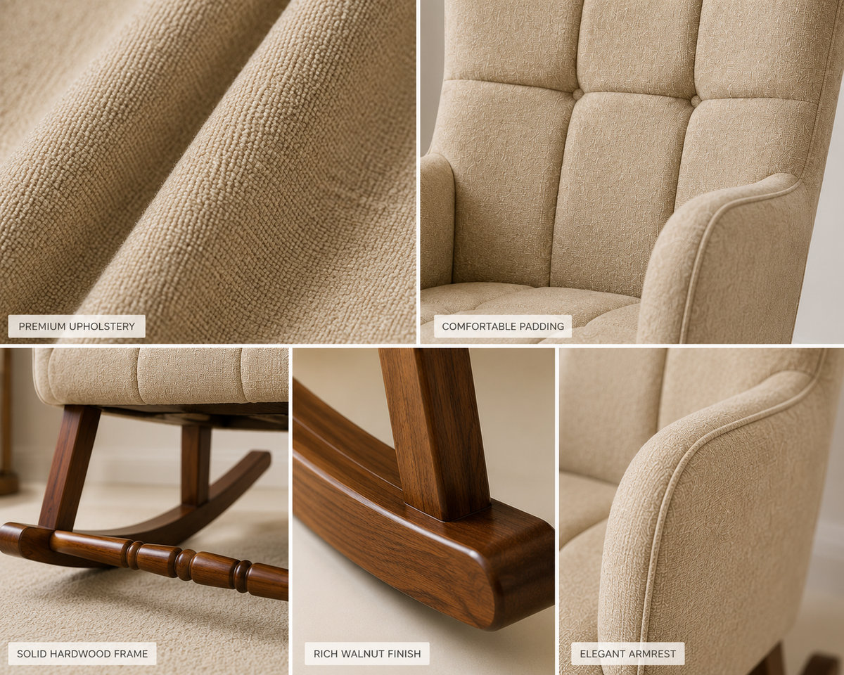A 4-panel close-up collage showcasing the features of a beige upholstered rocking chair. The panels highlight the premium textured upholstery, comfortable padded backrest, a solid hardwood frame, and elegant curved armrests.