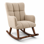 A classic high-back rocking chair upholstered in beige tufted fabric with a dark brown wooden rocking base, shown on a white background.