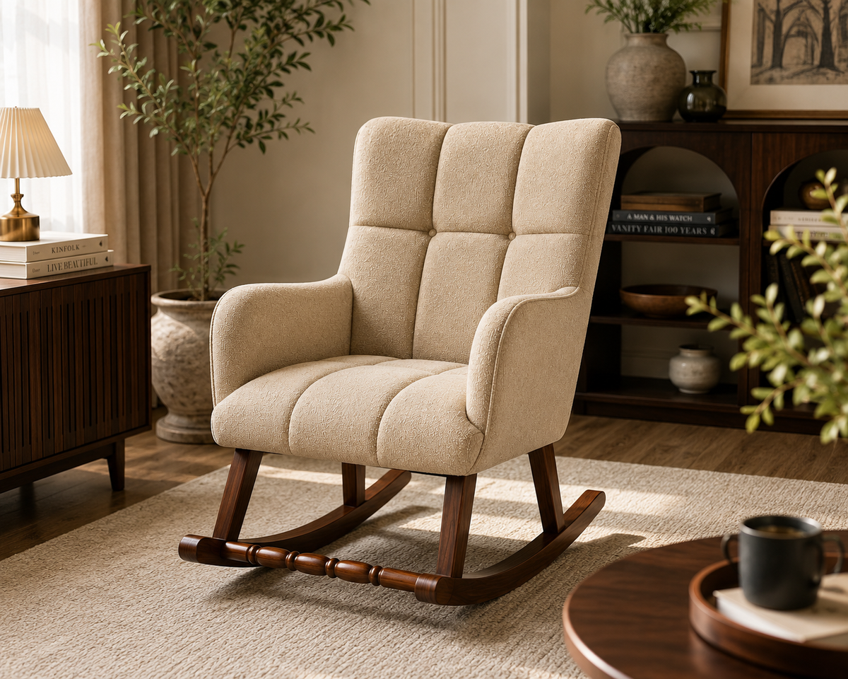 A beige upholstered rocking chair with a high back and tufted cushioning, set in a warm, modern living room with wooden furniture and plants.