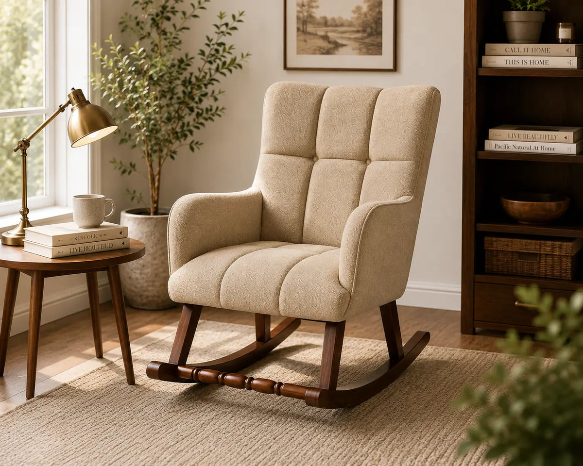 A beige upholstered rocking chair with a high back and tufted seat, shown in a styled living room setting with a side table, lamp, plant, rug, and bookshelf.