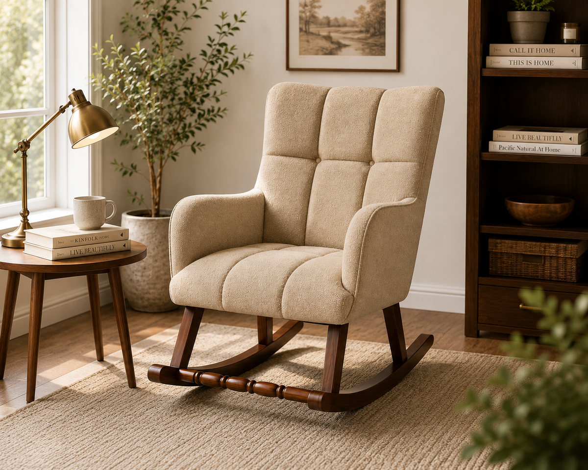 A beige upholstered rocking chair with a high back and tufted seat, shown in a styled living room setting with a side table, lamp, plant, rug, and bookshelf.