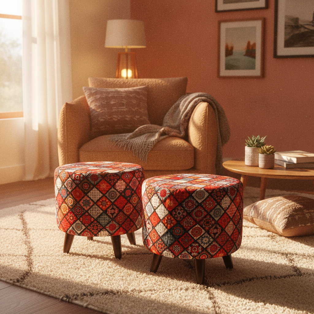 Two round ottomans with a colorful geometric diamond-patterned fabric in red, orange, beige, and black, set in a warm, sunlit living room next to a tan armchair and a small wooden coffee table.