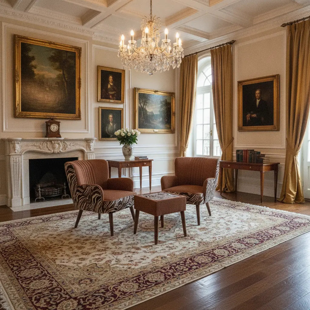 A luxurious vintage-style living room featuring two brown upholstered armchairs with patterned zebra-print accents, a matching brown ottoman, a large ornate patterned area rug, and a crystal chandelier hanging from a coffered ceiling.