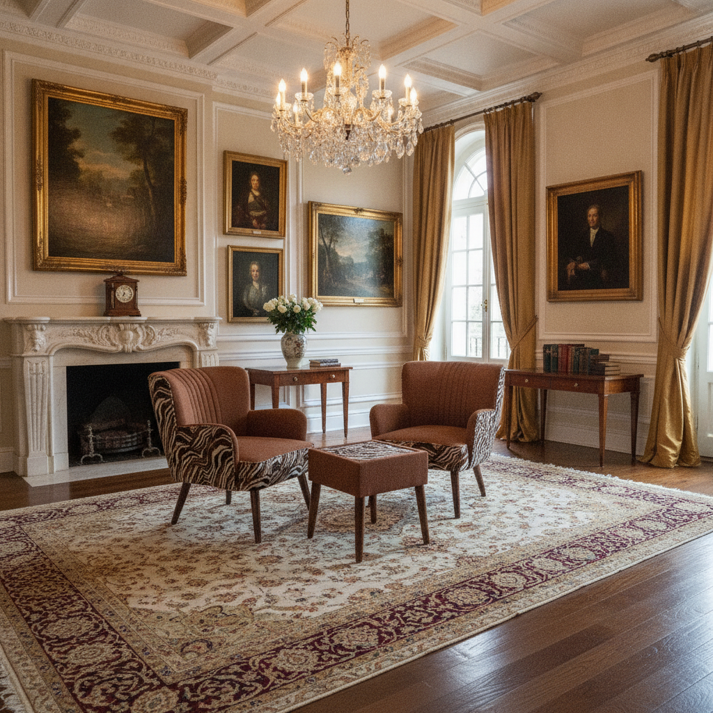 A luxurious vintage-style living room featuring two brown upholstered armchairs with patterned zebra-print accents, a matching brown ottoman, a large ornate patterned area rug, and a crystal chandelier hanging from a coffered ceiling.