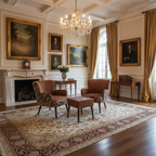 A luxurious vintage-style living room featuring two brown upholstered armchairs with patterned zebra-print accents, a matching brown ottoman, a large ornate patterned area rug, and a crystal chandelier hanging from a coffered ceiling.