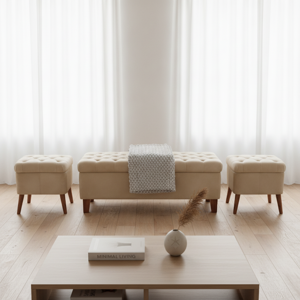 A staged interior scene with a tufted bench centered between two matching ottomans on a light wood floor, in front of sheer white curtains. A low wooden coffee table with a small vase and book sits in the foreground.
