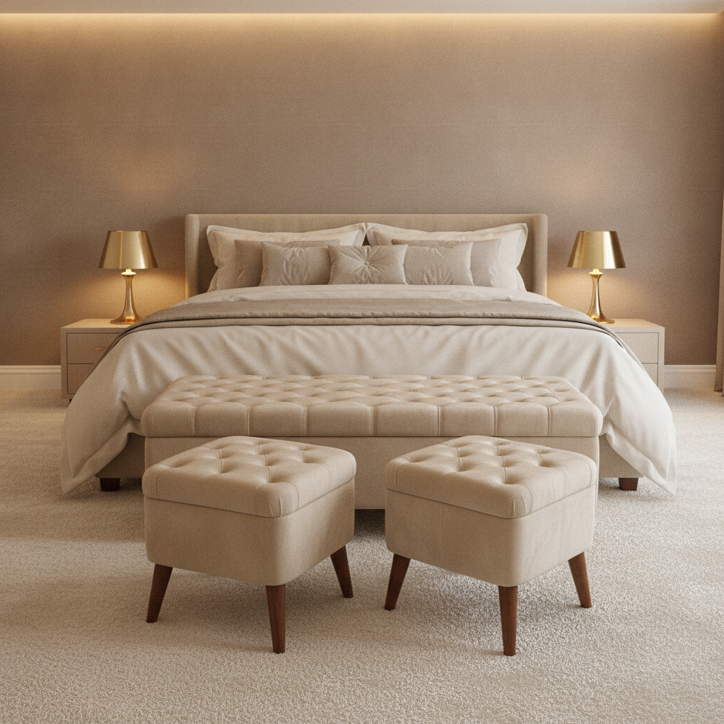 A staged bedroom scene with a bed dressed in cream bedding, two matching upholstered ottomans at the foot of the bed, side tables with lit lamps, and a warm beige wall and carpet.