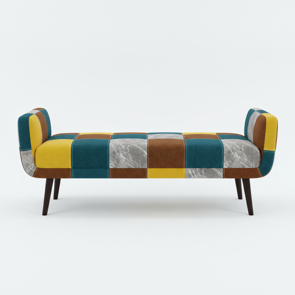 A modern patchwork bench with a colorful upholstered seat and backrest, featuring teal velvet, mustard yellow, brown, and marble-patterned panels, supported by dark wooden legs on a light gray background.