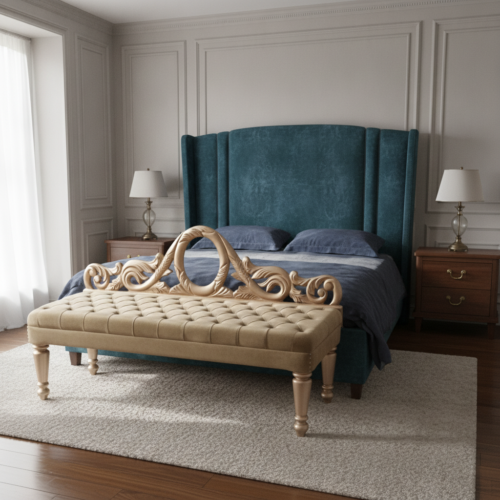Premium Bed Bench Settee - Royal Baroque Style Wood Carved Setti