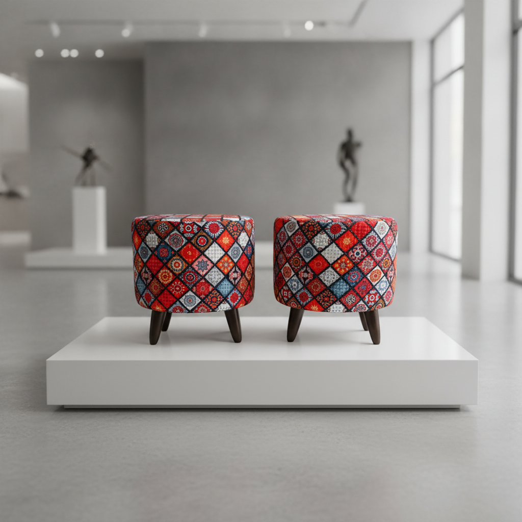 Two small upholstered stools with dark wooden legs sit side by side on a white display platform in a modern gallery space. The stools feature a dense geometric patchwork pattern in red, blue, orange, yellow, and white.