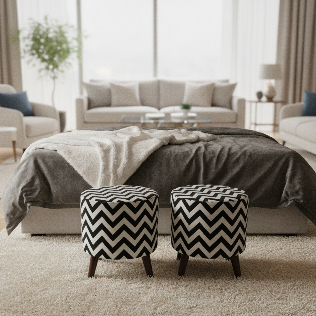 Two round upholstered ottomans with a black and white chevron pattern and dark wooden legs, placed in front of a bed in a bright, modern bedroom.