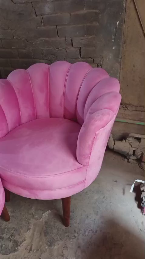 🌸 Handcrafted Pink Scalloped Accent Chair Set with Matching Round Upholstered Table – Solid Kikar Wood & MoltyFoam